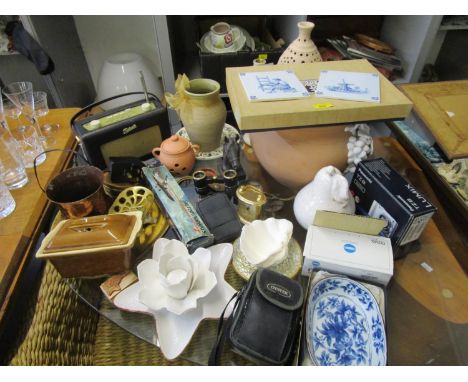 A mixed lot to include vintage cameras, opera glasses, a Roberts radio, metalware, kitchen ceramics and other items 