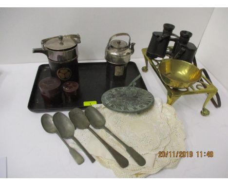 Brassware - Japanese silver plated teaware, binoculars, pewter spoons, doilies, lacquered ware and a brass lamp 