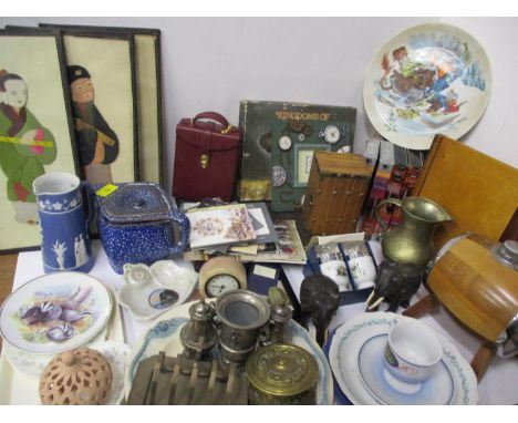A Sturla Kaasa cartoon collectors plate, mixed vintage items, collectors plates, Japanese mounted card pictures of figures an
