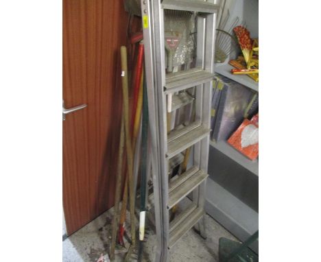Two aluminium folding ladders, together with mixed garden tools 