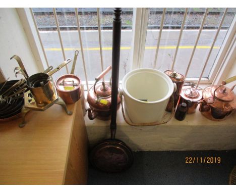Victorian kitchenware to include copper and brass, stoneware pots, a ceramic slop bucket and a bed pan 