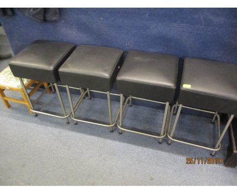 Four modern chrome and black leather seated stools of square seat form, together with a small vintage foot stool 