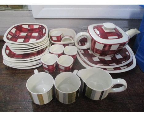 T G Greens patio Gingham retro part tea set and two Midwinter cups and a green jug 