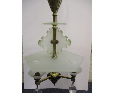 An Art Deco brass frosted clear and green glass lamp/chandelier with a brass stem and branches 