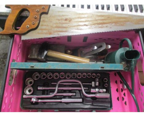 Mixed tools to include a socket set, a saw, a record plane and other items 