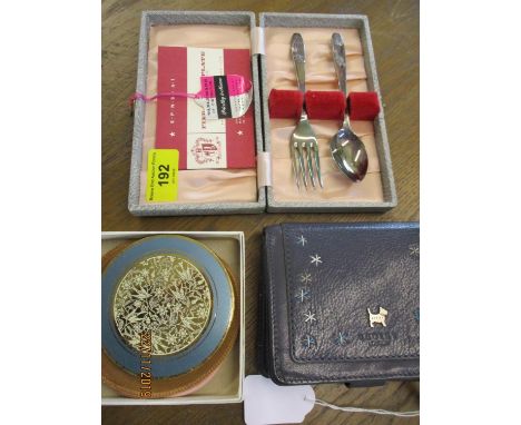 A Radley purse, a vintage Stratton compact, a nursery fork and spoon 
