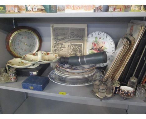 A mixed lot to include cruet sets, boxed roulette set, boxed christening set, barometer, mixed pictures and other items 