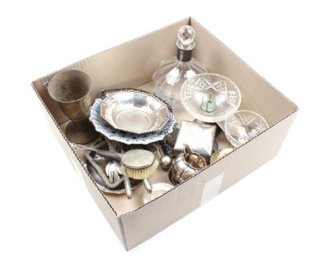 Box various plate and silver including challenge cup Kegelconcours L van Stolk 1930 D T Ruys 1931, buckle, crystal dish on fo