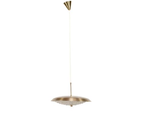 Carl Fagerlund (1915-2011)Gold metal 6-light pendant lamp with crystal bowl, attributed design Karl Fagerlund for Orrefors, S