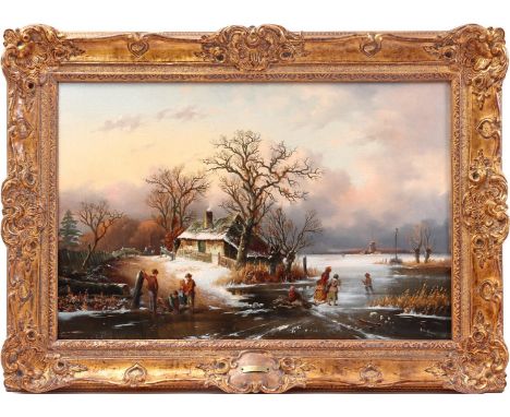 Alex (Alexis) de Leeuw (1822-1900)Dutch winter landscape with a farm on a frozen lake with figures on the ice including child