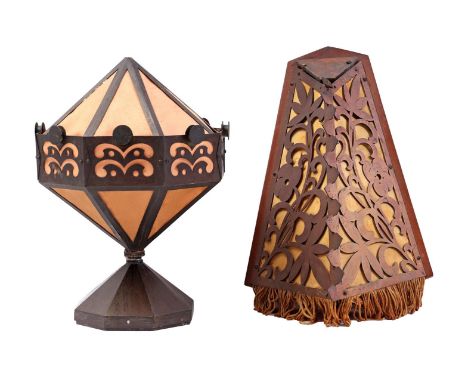 Metal table lamp with upholstered shade in hemstitched edge, c. 1910, 29 cm high, 22 cm diameter and copper wall lamp with aj