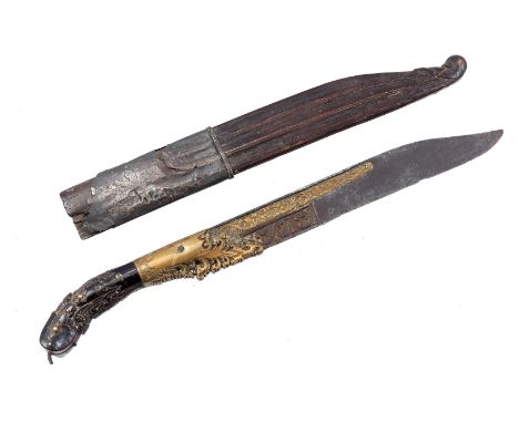 Dagger in wooden with metal scabbard with carved wooden handle and blade with impressive engraving and brass inlay, Asia 19th