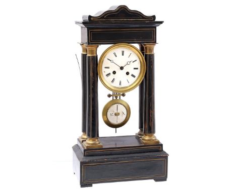 Blackened wooden mantel clock with brass inlay and enamel dial with Roman numerals, France 19th century, 49 cm high (restorat