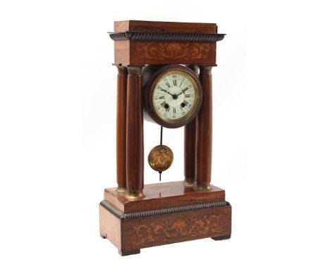 Rosewood veneer Louis Philippe column clock with marquetry, France ca. 1850, 48.5 cm high