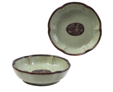 Celadon bowl with crackled decoration, metal rim, base ring and bottom, proens on the bottom, China 20th century, 4 cm high, 