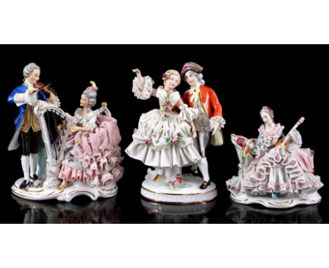 2 Dresden porcelain statues b.u. man with violin and woman with harp and woman with parrot and stringed instrument and Bavari