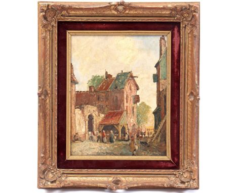 Signed G van Donk, cityscape after old master, panel 31x25 cm