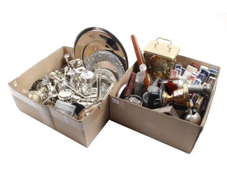 Box with various plate and diodes with table clock, jar, spittoon, plate, tin, various coins, barometer, etc.