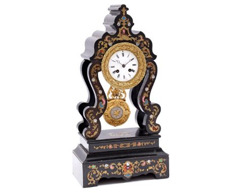 Blackened wooden column clock with brass and mother-of-pearl inlay, France 19th century, 52 cm high (damaged back and enamel 