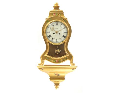 Cartel clock, marked Schmid, in gold-coloured case with painted floral decoration, 50 cm high, with wall console of 9 cm high