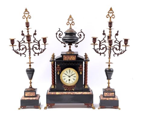 3-piece 19th century pendulum set b.u. marble mantel clock with 4 twisted full columns with goblet on top accompanied by 2 5-