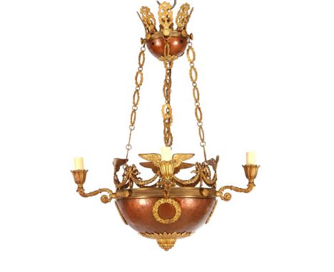 Copper 3-light hanging lamp with a rich decoration of angels, garlands, wreaths and leaves, in Empire style, ca. 1930, 70 cm 