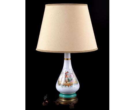 Porcelain table lamp with romantic painting, set in copper frame, with upholstered shade, 76 cm high