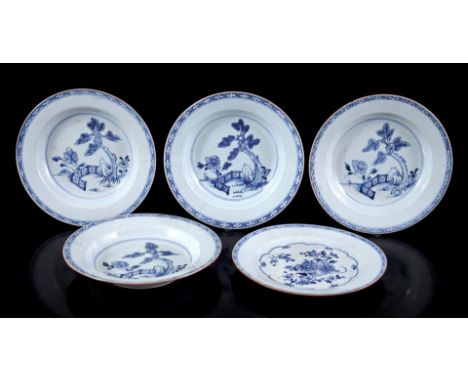 4 porcelain dishes with a blue decoration of a cultivated landscape in a double ring, and a dish with a blue decoration in a 
