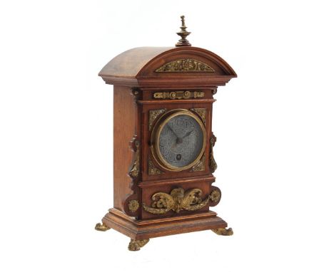 Walnut table clock with brass ornaments and Lenzkirch movement, 29 cm high