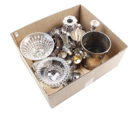 Box various silver plated, including candlesticks, cup, crystal coupe on foot