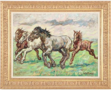 Jacques van Mourik (1879-1971)4 horses playing in the meadow, canvas 56x76 cm