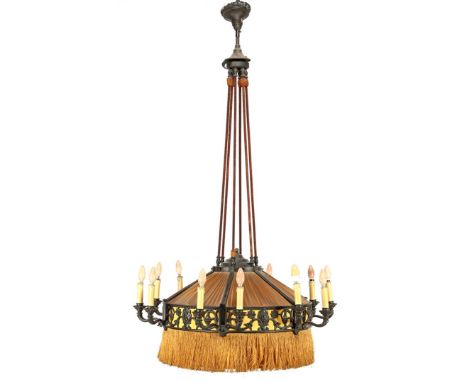 13-light hanging lamp with cast iron floral decor, Holland early 20th century, approx. 185 cm high
