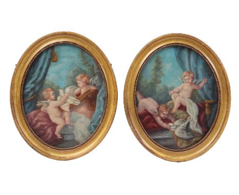2 oval representations of playing deputti with pigeon, 19th century panel 31 x 24 cm