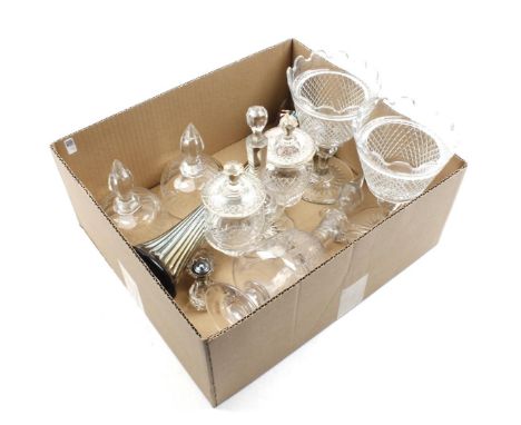 Box with crystal cut ginger sections, decanter, oxygen set, vase with mother-of-pearl shine, 41 cm high and salt cellars with