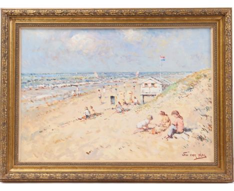 Niek van der Plas (1954-)Summer day at the North Sea beach with children playing, beach house and sailing boat, panel 50x70 c