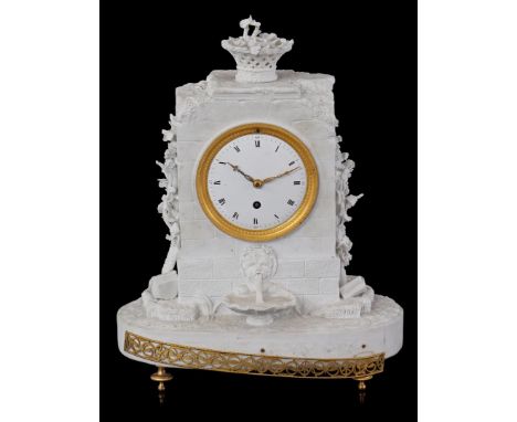 Biscuit porcelain mantel clock with grape vine decoration on the sides, basket with flowers on top and fountain on the front 