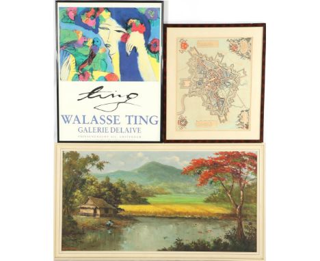 Unclear signed, Indonesian landscape, canvas 60x115 cm, topographical map of Breda, color lithograph 42x53 cm, reproduction p