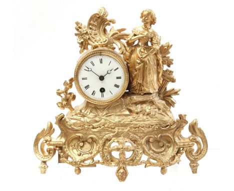 Zamac gold-coloured mantel clock decorated with an opera singer, 30 cm high
