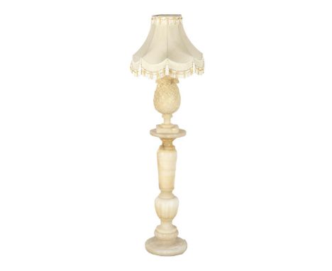 Alabaster pedestal, 83 cm high, 25 cm diameter, with loose alabaster 2-part table lamp with upholstered shade, 76 cm high