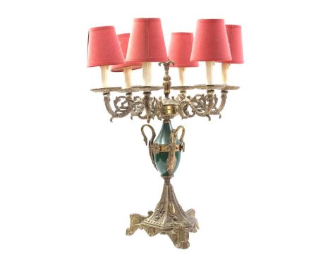 Copper 6-light classic table lamp with green accents and red upholstered shades, 63 cm high, 46 cm diameter