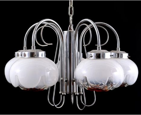 Chromed metal 5-light hanging lamp with glass shades, manufactured by A.V. Mazzega, Italy 1970s, excl. chain 35 cm high