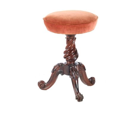 Very nice mahogany piano stool with troweled trunk, rotatable and adjustable in height, approx. 50 cm high