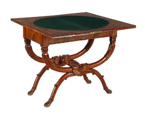 Mahogany veneer on elm wood, playing table with marquetry decoration in top, green felt inlaid top, pearl frames and beaded b