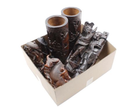 Box with wooden and soapstone Indian statues, Chinese statues inlaid with silver wire and decorated bamboo vases, 29 cm and 3