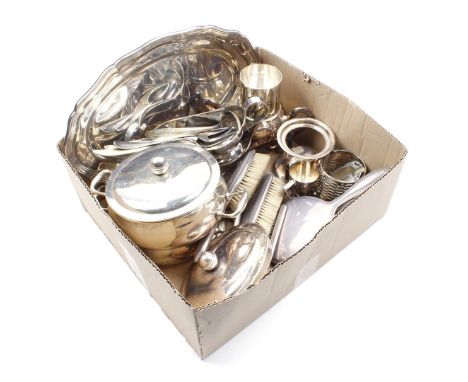 Box with various hotel silver and plate objects including lidded dishes, gravy boats, cutlery and hairdressing set