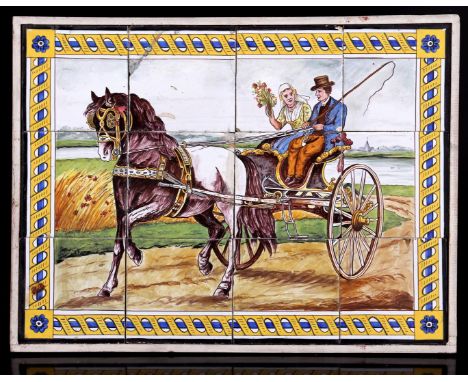 Tile tableau of 12 tiles with polychrome Dutch decor of man and woman in horse and carriage in wooden frame, Holland 19th cen