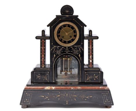 Black and red marble mantel clock with gold-coloured decoration on the front, 50 cm high, 46 cm wide