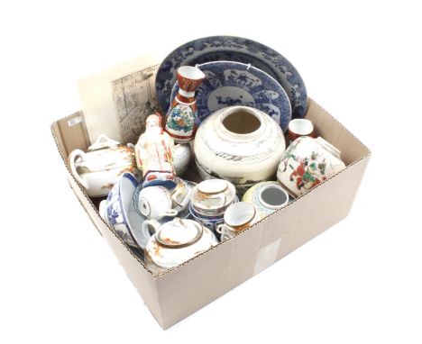 Box asian b.u. ceramic statues, drinking service, bowls, plates and Japanese engraving