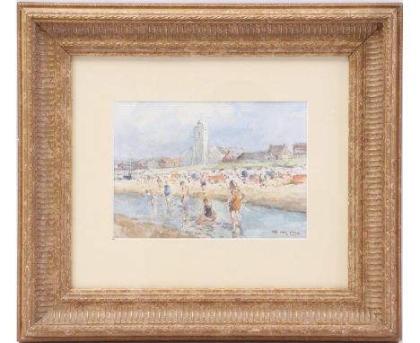 Niek van der Plas (1954-)Summer day with children playing on the beach of the North Sea near Katwijk aan Zee, watercolor 16x2
