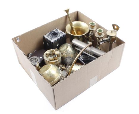 Box with various copperware including from Indonesia, candlesticks, snot nose, bronze mortar with pestle, Swiza 8 clock 19.5 